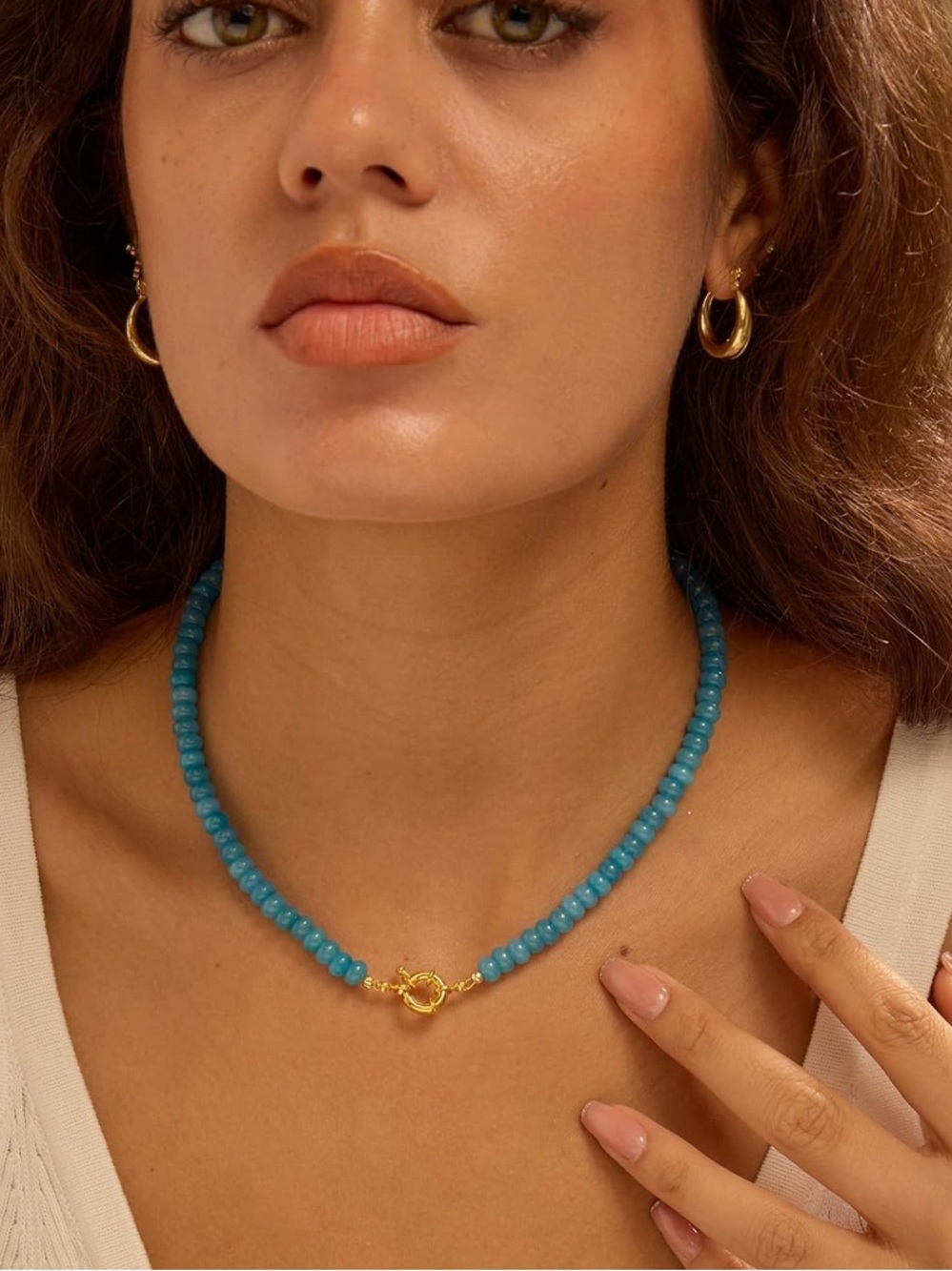 Sky Blue Sapphire Beaded Necklace with Gold Clasp - Picture 3 of 6